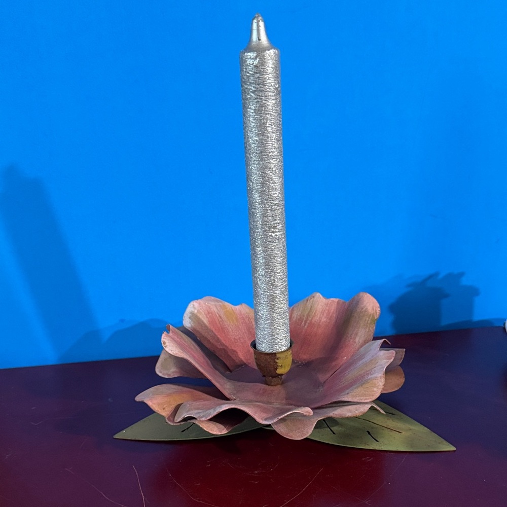 Vintage painted metal floral candle holder or centerpiece